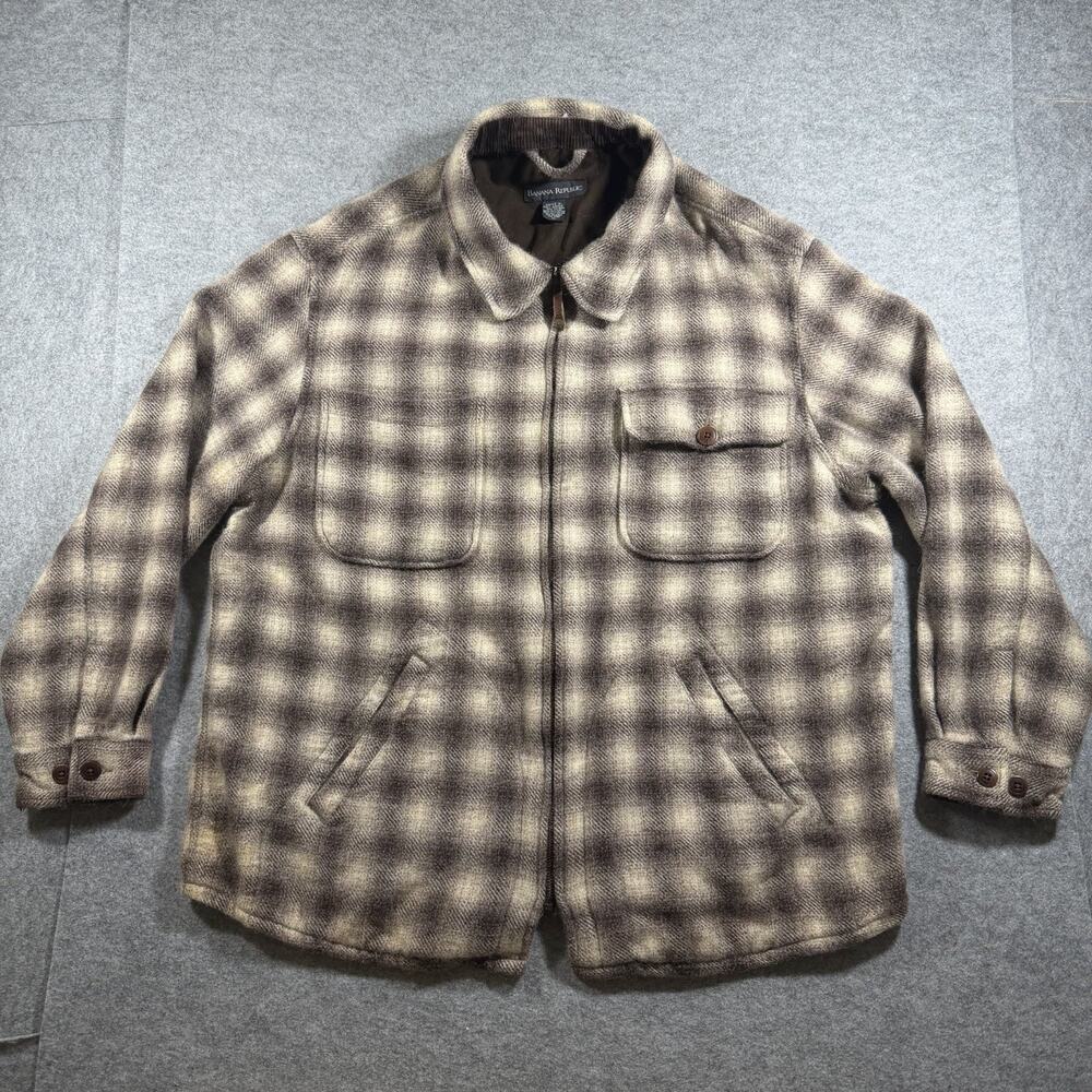 Banana Republic Wool Bomber Jacket Mens XL Brown Plaid Full Zip Cotton Lined